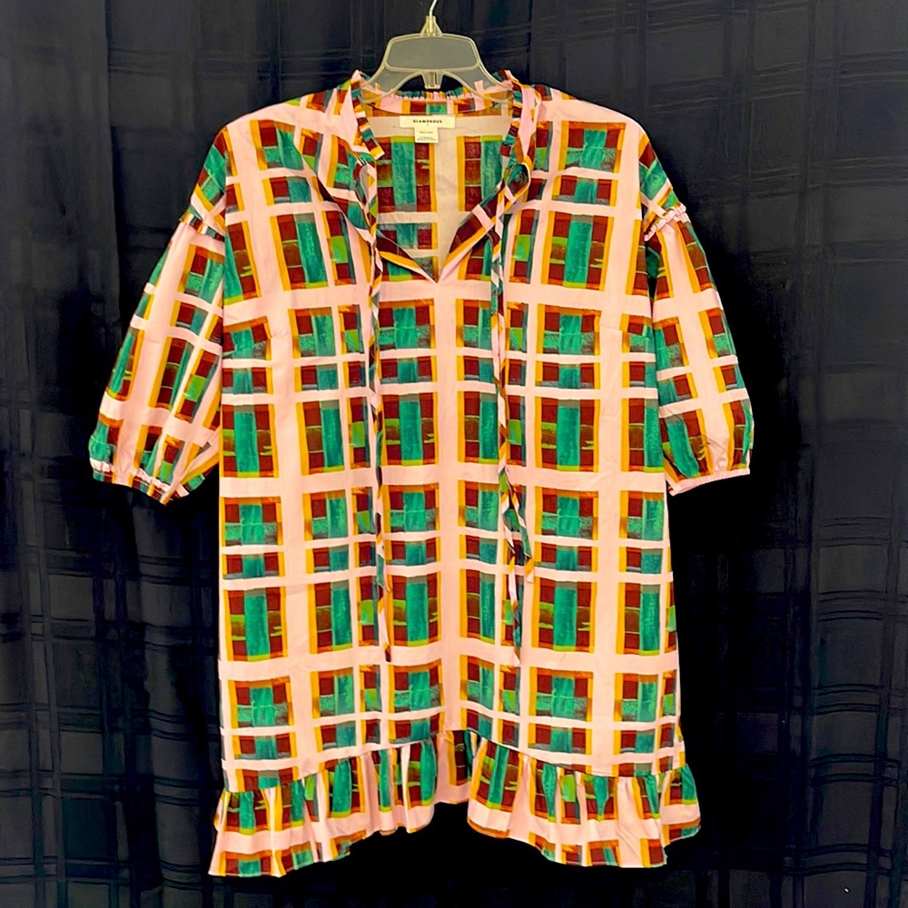 Super cute Glamorous size S tunic dress. Pink, green, brown & gold. 100% cotton